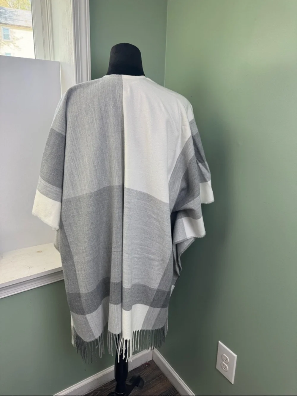 a new day Gray Plaid Fringe Poncho Wrap
